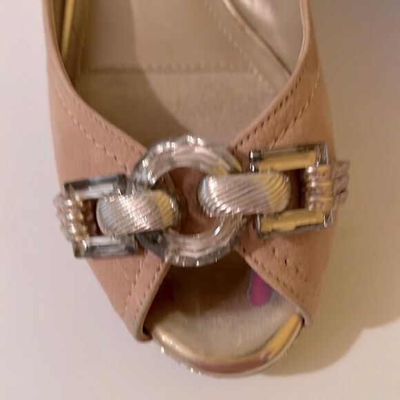 Alex Marie Light Tan Suede Sparkling Wedge Peep Toe Shoes with Gold Crystal 7 - Picture 3 of 5